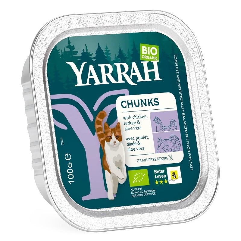 Bouchées poulet & dinde en sauce avec aloe vera pour chat BIO - 100g Yarrah