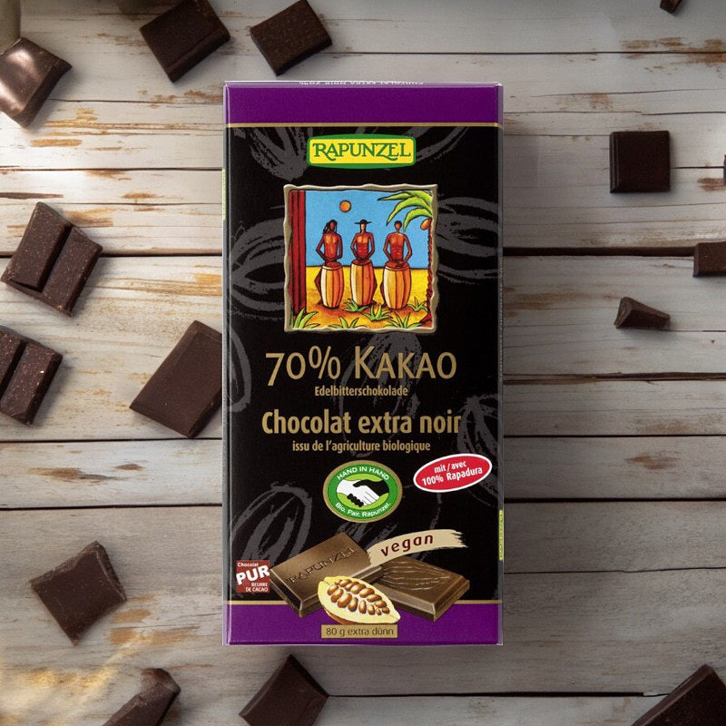Extra dunkle Schokolade, 70 % Bio-Kakao – 80 g – Rapunzel
