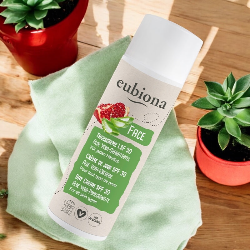Bio-Tagescreme mit Lichtschutzfaktor 30, Aloe Vera und Granatapfel – 50 ml – Eubiona