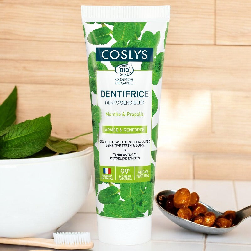 Coslys Bio-Zahnpasta mit Minze und Propolis für empfindliche Zähne – fluoridfrei – 75 ml