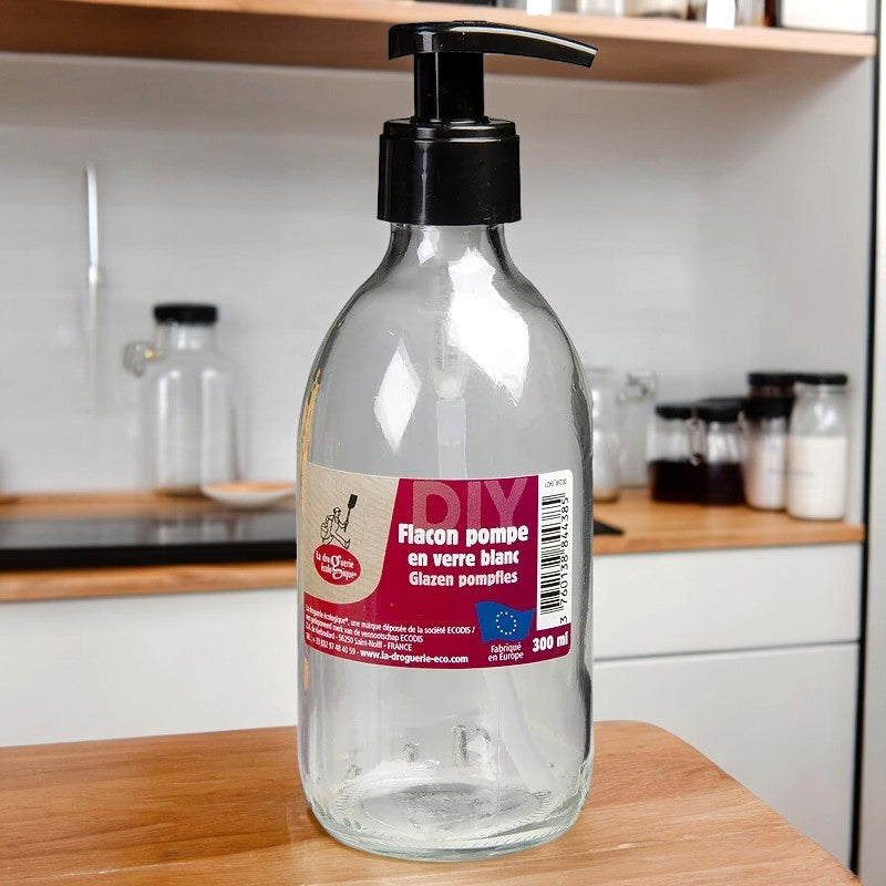 Flacon pompe en verre transparent 300ml - La droguerie écologique