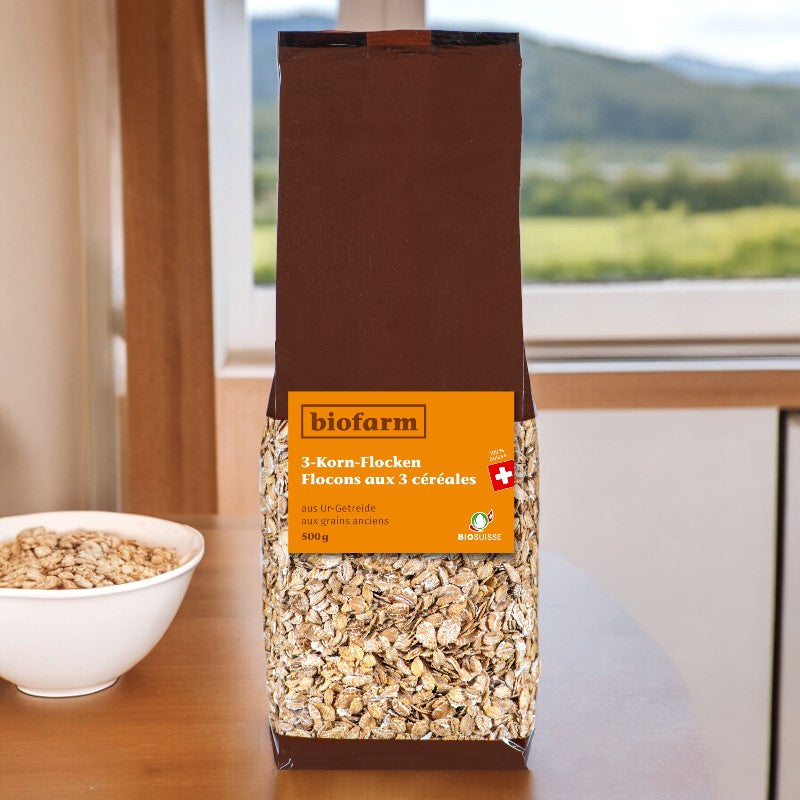 Bio-Schweizer Urgetreide-Dreikornflocken – 500 g – Biofarm