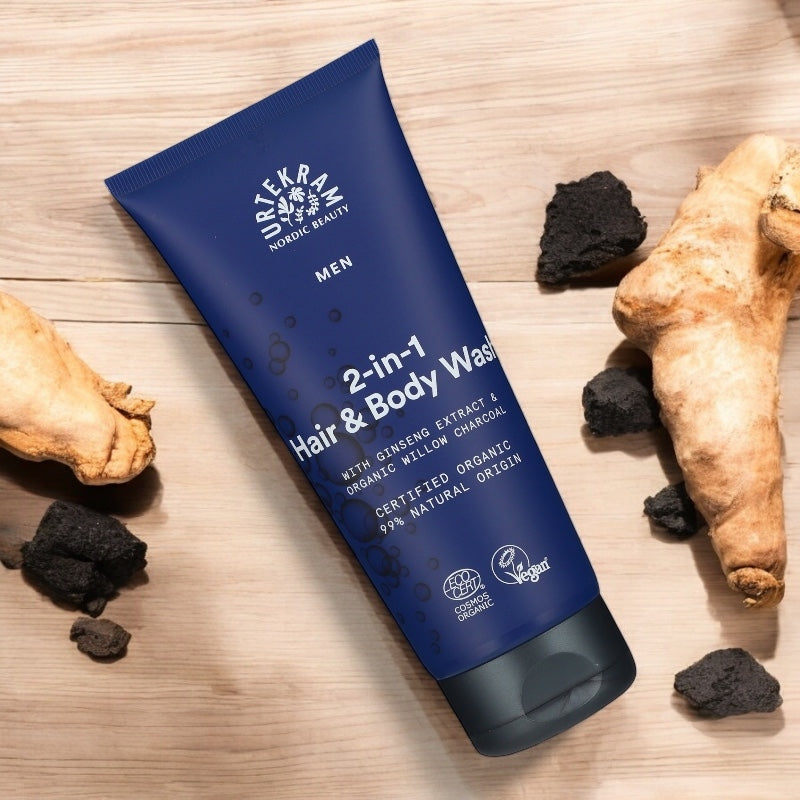 Gel douche 2 en 1 homme BIO charbon actif & ginseng - 200ml - Urtekram