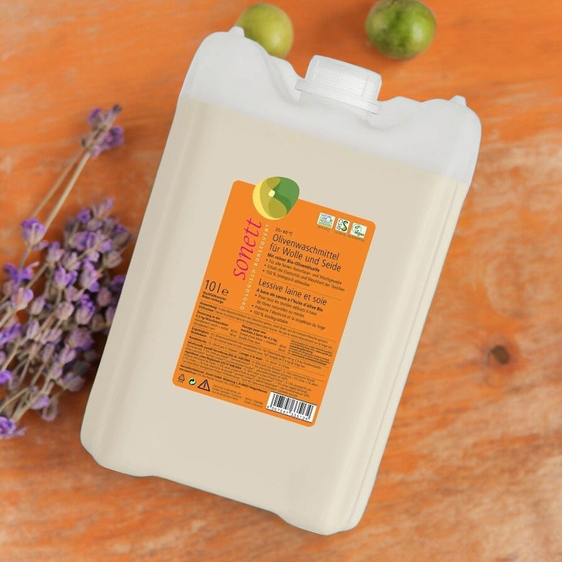 ECO Flüssigwaschmittel für Wolle &amp; Seide, Duftrichtung Olive &amp; Lavendel – 10 l – Sonett
