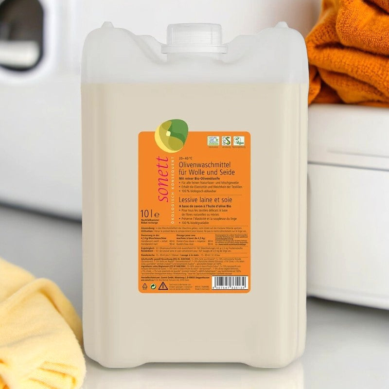 ECO Flüssigwaschmittel für Wolle &amp; Seide, Duftrichtung Olive &amp; Lavendel – 10 l – Sonett