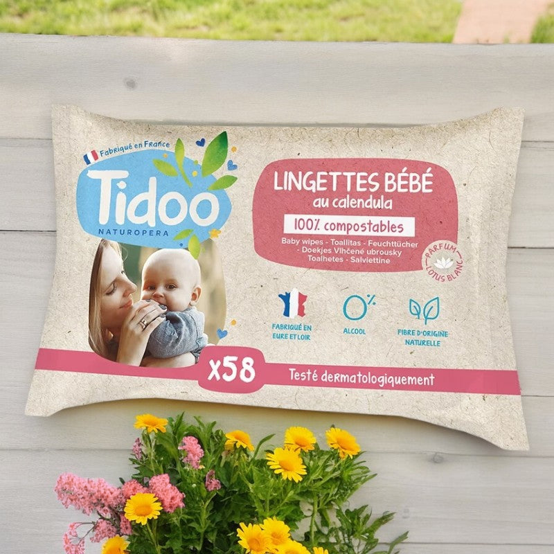 Bio-Babytücher Ringelblume &amp; Weißer Lotus – 58 Stück – Tidoo