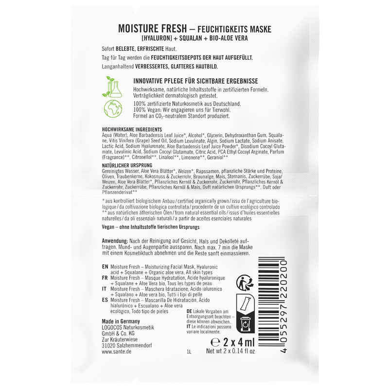 Masque hydratant Moisture Fresh BIO acide hyaluronique & aloe - 2x4ml - Sante