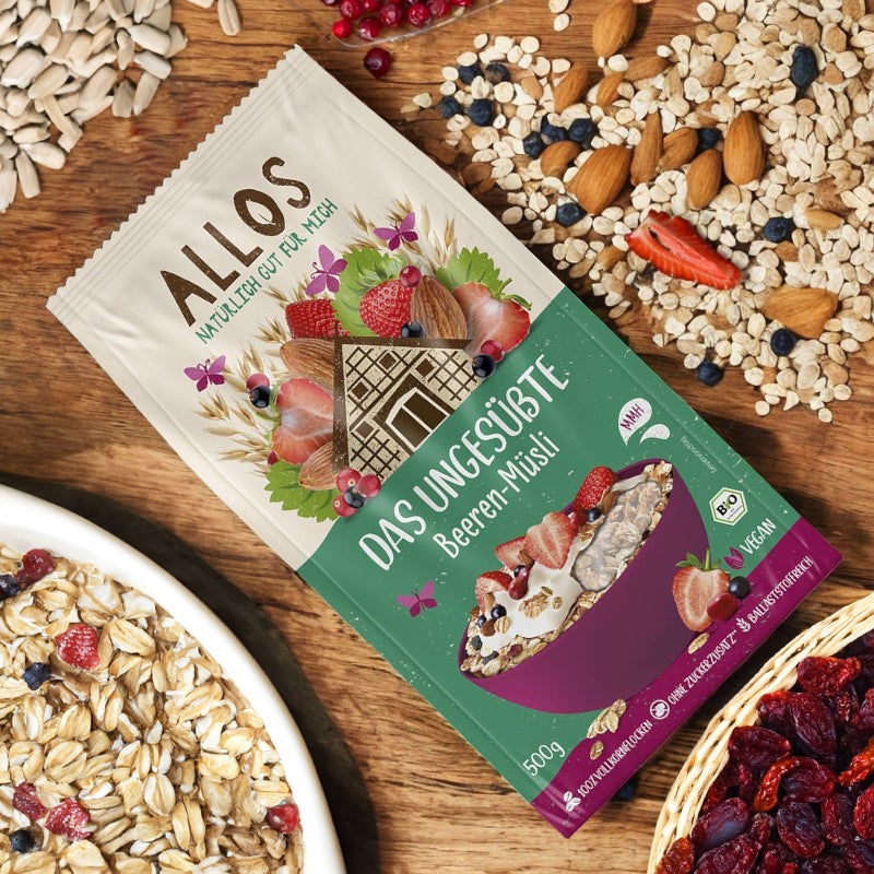 Bio-Müsli mit roten Beeren, ohne Zuckerzusatz – 500 g – Allos