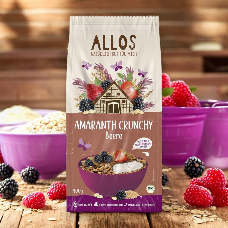 Bio-Müsli mit knusprigem Amarant und roten Beeren – 400 g – Allos