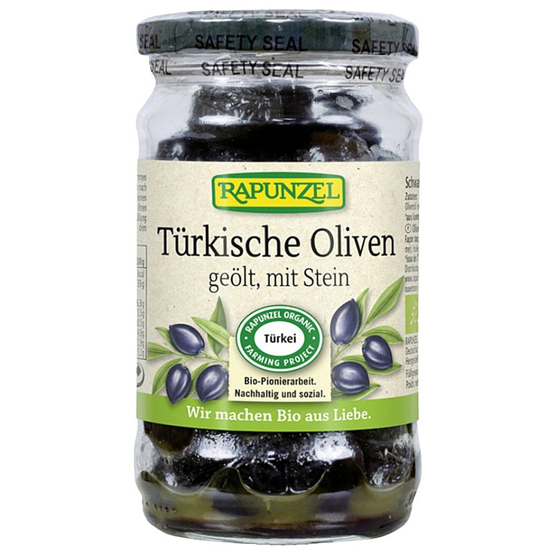 Türkische schwarze Oliven mit Kernen in Bio-Olivenöl - 185 g - Rapunzel