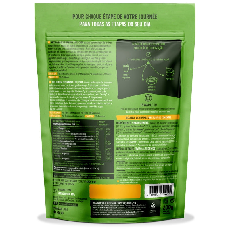 Bio-Omega-3-Mix aus Hanf, Leinsamen und Chia – 200 g – Iswari