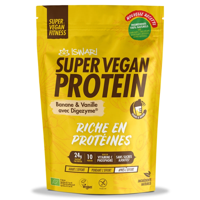 Super Vegan Protein Banane, Vanille &amp; Bio-Digezyme - 400 g - Iswari