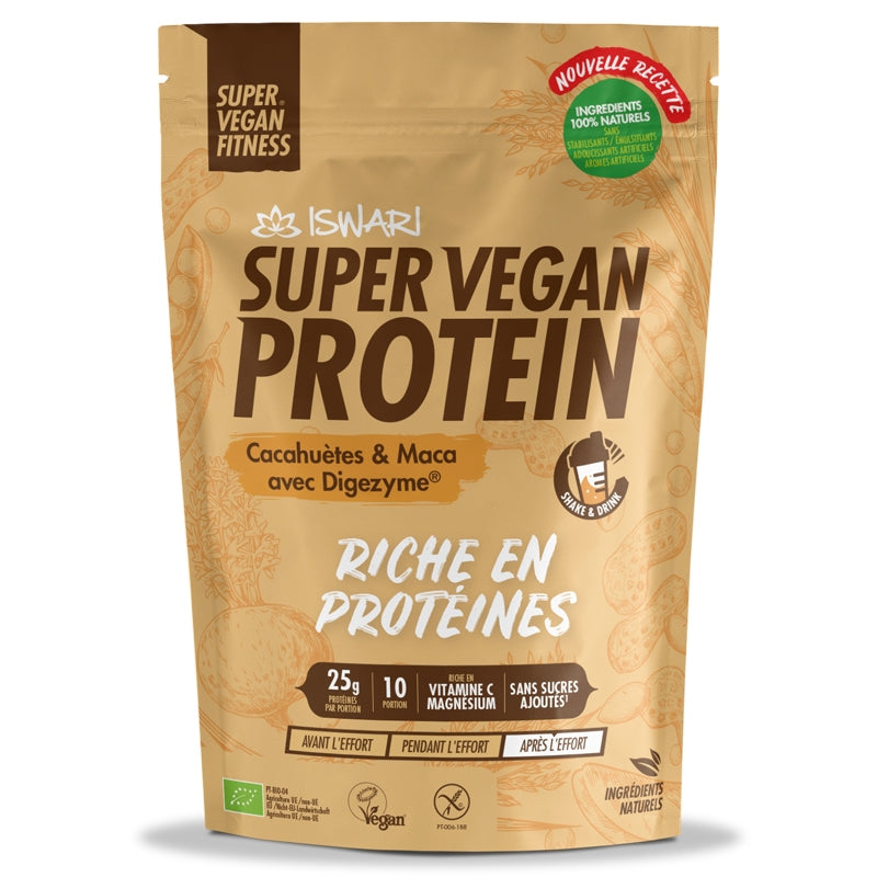 Super veganes Protein mit Erdnüssen, Maca &amp; Bio-Digezyme - 400 g - Iswari