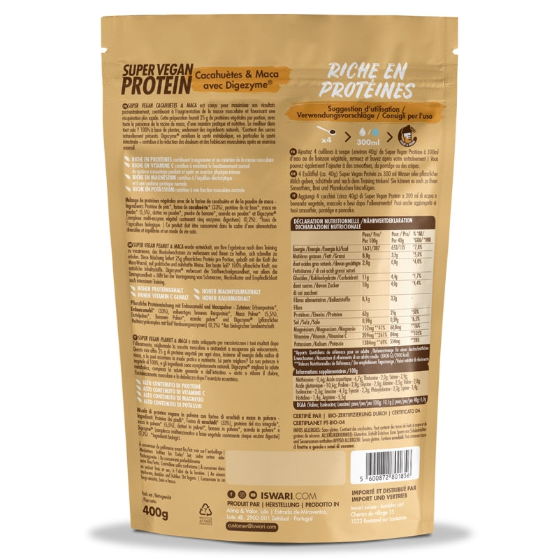 Super veganes Protein mit Erdnüssen, Maca &amp; Bio-Digezyme - 400 g - Iswari