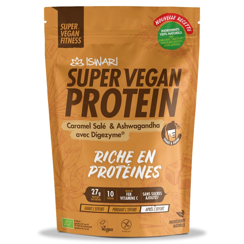 Iswari Super Vegan Protein mit gesalzenem Karamell, Ashwagandha und Bio-Digezyme – 400 g