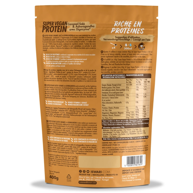 Iswari Super Vegan Protein mit gesalzenem Karamell, Ashwagandha und Bio-Digezyme – 400 g