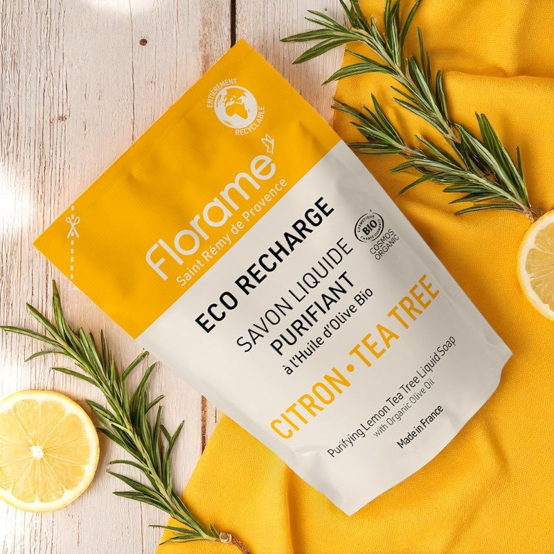 Nachfüllpackung für Bio-Flüssigseife mit Zitrone und Teebaumöl – 470 ml – Florame