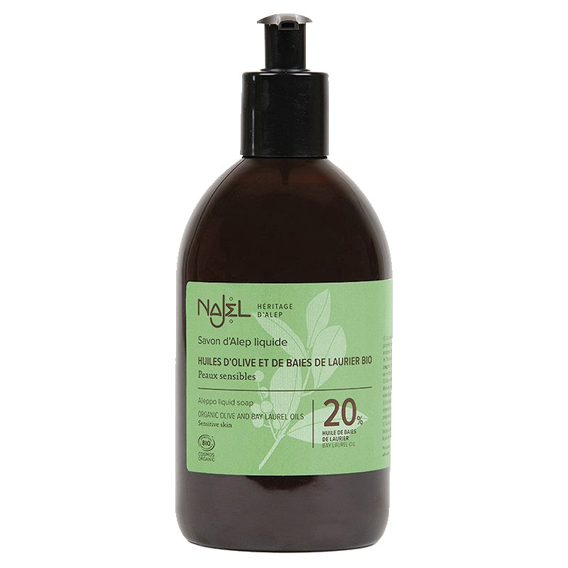 Flüssige Bio-Aleppo-Seife mit Olivenöl und 20 % Lorbeer – 500 ml – Najel