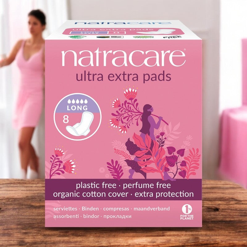 Lange Damenbinden mit Flügeln, Bio, für sehr starke Blutungen – 8 Stück – Natracare