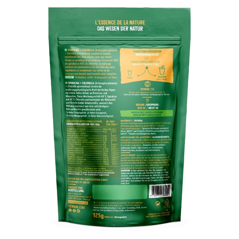 Bio-Spirulina- und Chlorella-Pulver – 125 g – Iswari