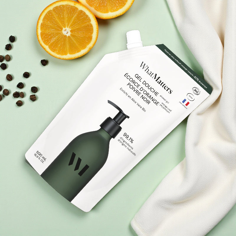 Éco-recharge gel douche BIO orange & poivre noir - 500ml - What Matters