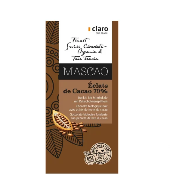 Chocolat BIO noir avec éclats de fèves de cacao 70% Mascao - 100g - Claro