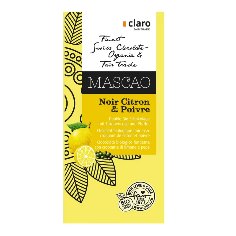 Chocolat BIO noir avec croquant de citron & poivre Mascao - 100g - Claro