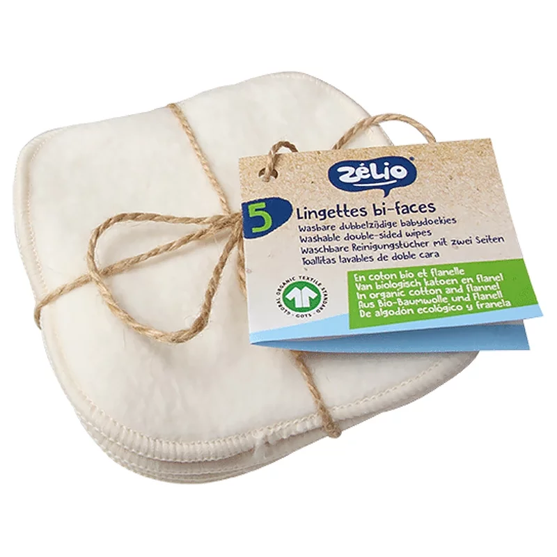 Lingettes bébé bi-faces lavables en coton bio - 5 pièces - Zélio