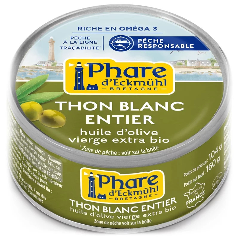 Thon blanc germon entier à l'huile d'olive BIO - 160g - Phare d'Eckmühl