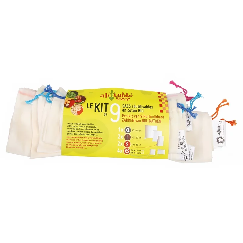 Kit 9 sacs réutilisables en coton BIO 4 Tailles - ah table !