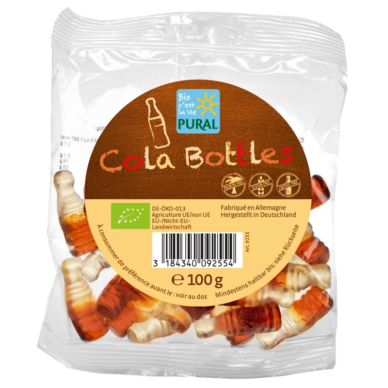 Bonbons bouteilles de cola aux fruits BIO avec gélatine - 100g - Pural