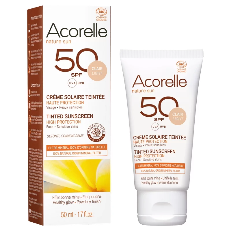 Crème solaire teintée claire visage BIO IP 50 karanja - 50ml - Acorelle