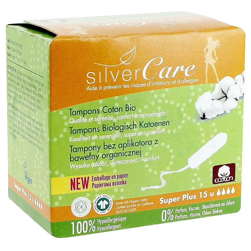 Tampons super plus sans applicateur BIO flux fort - 15 pièces - Silvercare