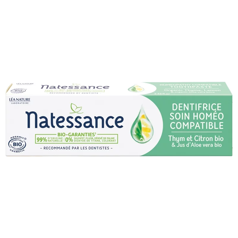 Pflegende BIO-Zahnpasta homöo-kompatibel Thymian & Zitrone ohne Fluorid - 75ml - Natessance