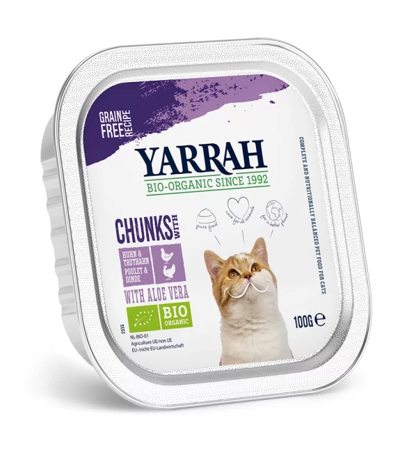 Bouchées poulet & dinde en sauce avec aloe vera pour chat BIO - 100g Yarrah