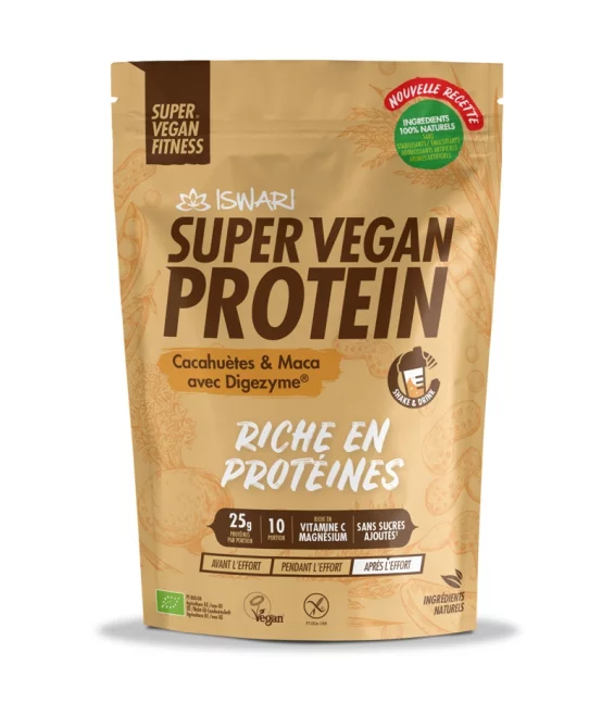 Protéines Super Vegan cacahuètes, maca & Digezyme BIO - 400g - Iswari