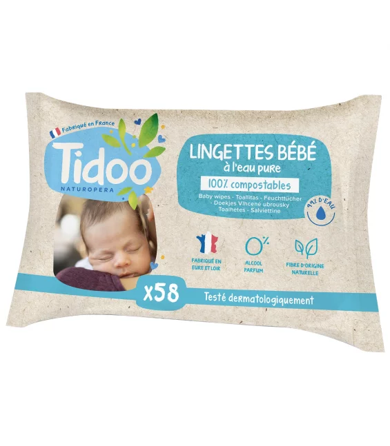 Lingettes bébé BIO eau pure sans parfum - 58 pièces - Tidoo
