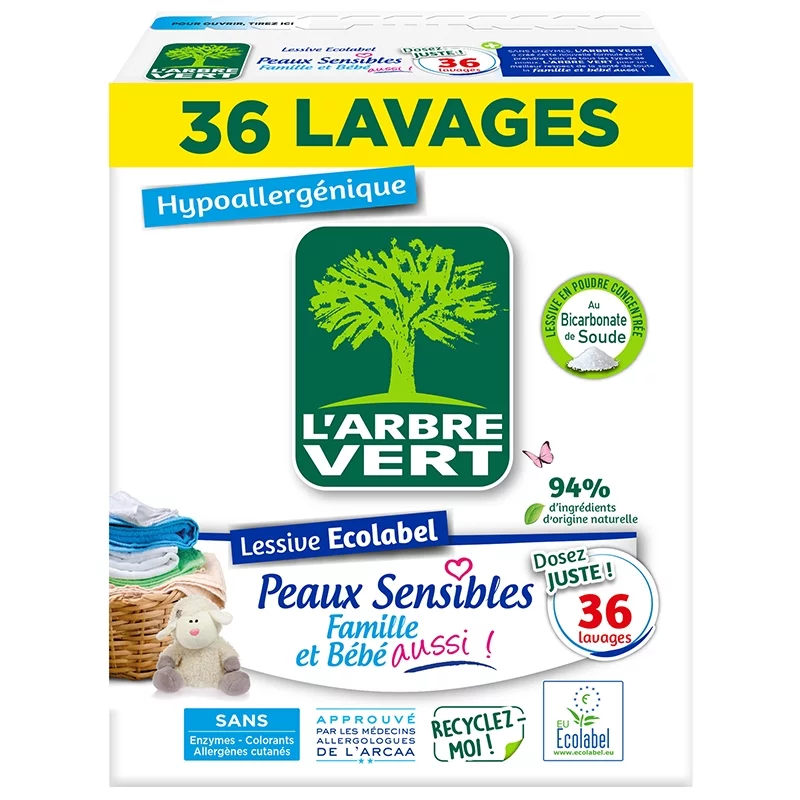 Lessive poudre écologique peaux sensibles - 1,8kg - L'Arbre Vert