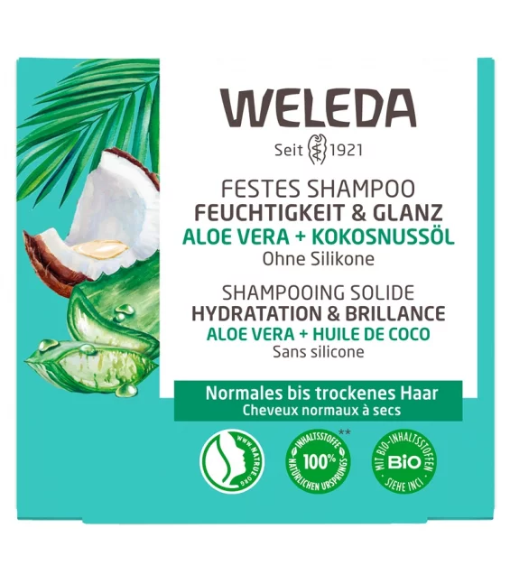 Shampoing solide hydratation & brillance BIO aloe vera - 50g - Weleda