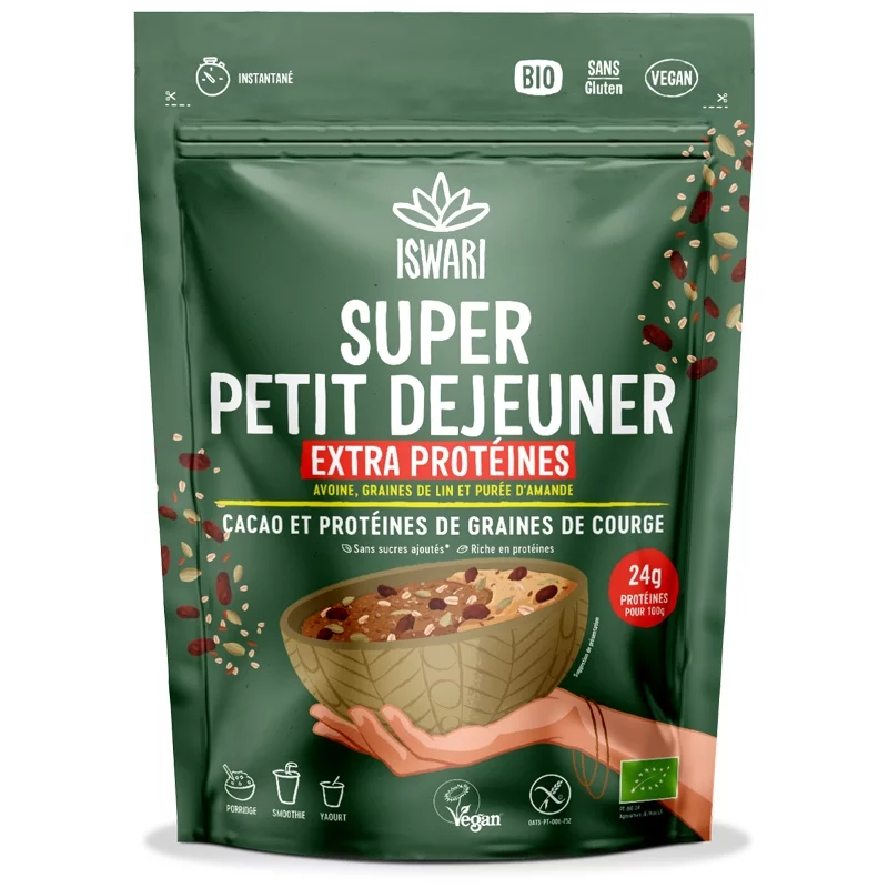 Petit déjeuner extra protéines BIO cacao - 360g - Iswari