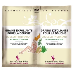 Grains exfoliants pour la douche douceur hydratant BIO riz, baobab & aloe vera - 2x2,5g - Secrets des Fées