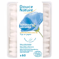 Bâtonnets d'oreilles sécurité bébé en coton BIO - 60 pièces - Douce Nature