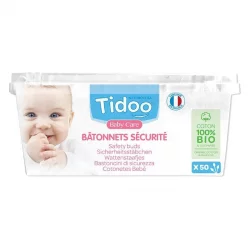Bâtonnets sécurité de coton BIO ultra doux bébé - 50 pièces - Tidoo Care