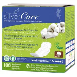 Serviettes hygiéniques nuit et ailettes BIO flux moyen-fort 10 pcs Silvercare