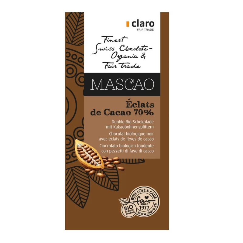 Dunkle BIO-Schokolade mit Kakaobohnensplittern 70% Mascao - 100g - Claro Dunkle BIO-Schokolade mit Kakaobohnensplittern 70% Mascao - 100g - Claro