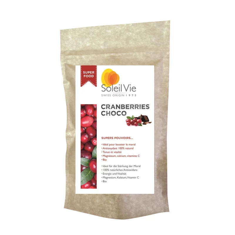 Cranberries crues enrobées de chocolat noir BIO - 110g - Soleil Vie