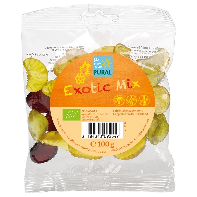Bonbons aux fruits exotiques BIO avec gélatine - Exotic Mix - 100g - Pural