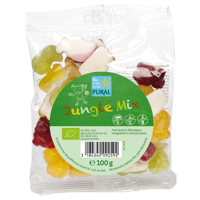 Bonbons aux fruits BIO avec gélatine - Jungle Mix - 100g - Pural