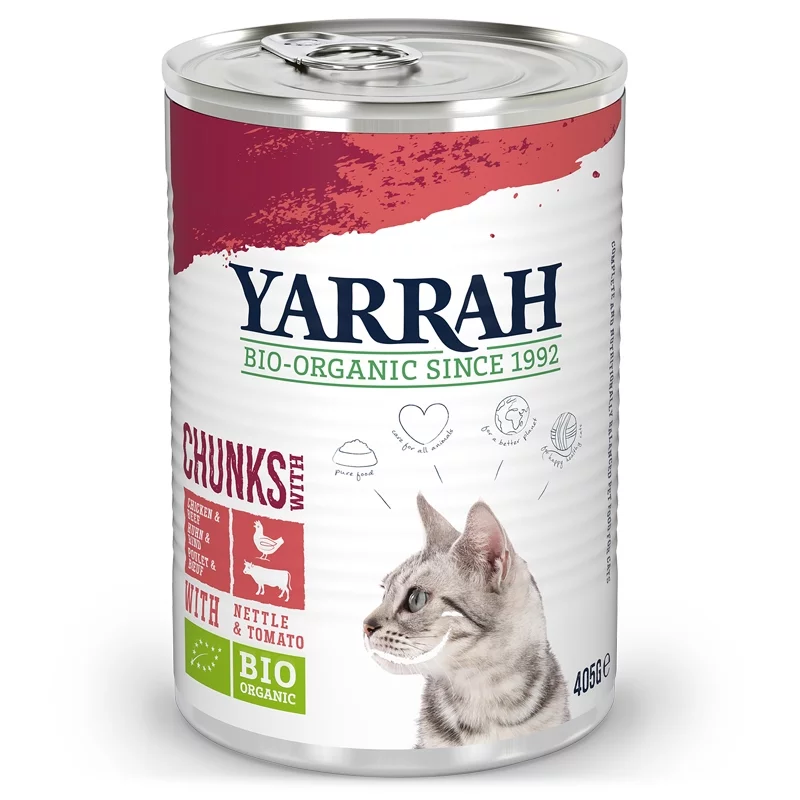 Bouchées poulet & boeuf en sauce avec orties pour chat BIO - 405g - Yarrah