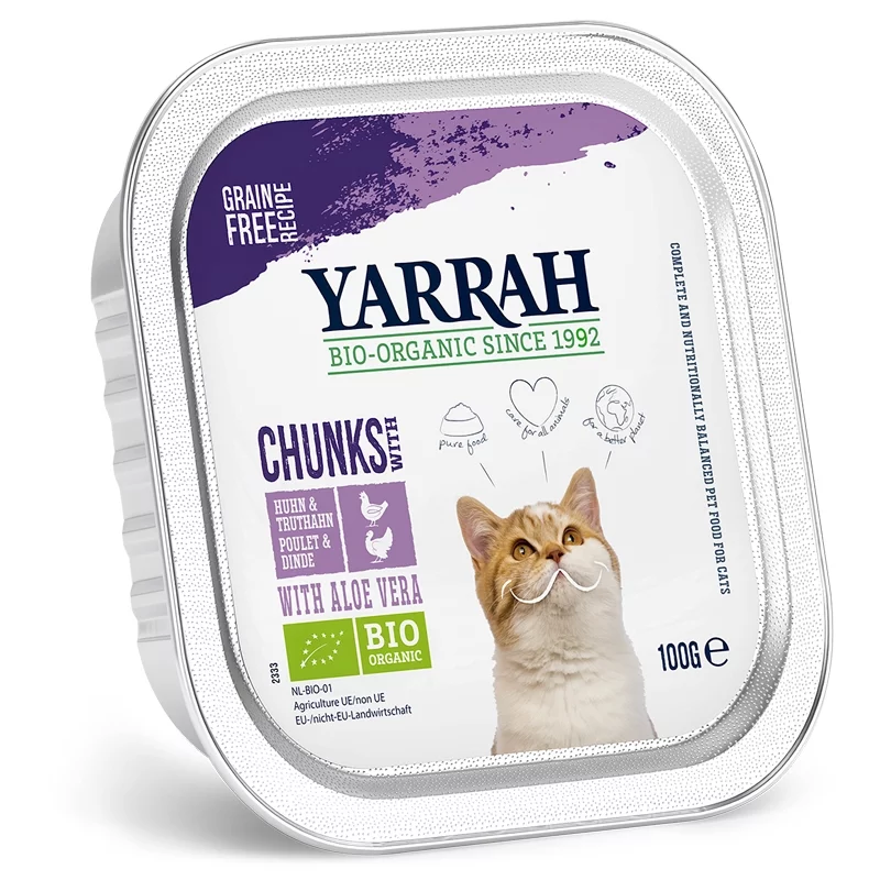 Bouchées poulet & dinde en sauce avec aloe vera pour chat BIO - 100g Yarrah